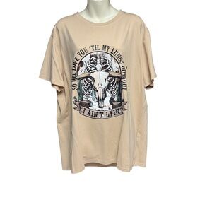 SHEIN Tan Short Sleeve Tee with Retro Bull Skull Design 2XL